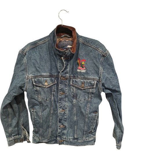 Vintage Other - Vintage 90s Kellogg’s Corn Flakes Embroidered Denim Jacket Leather Collar Size S